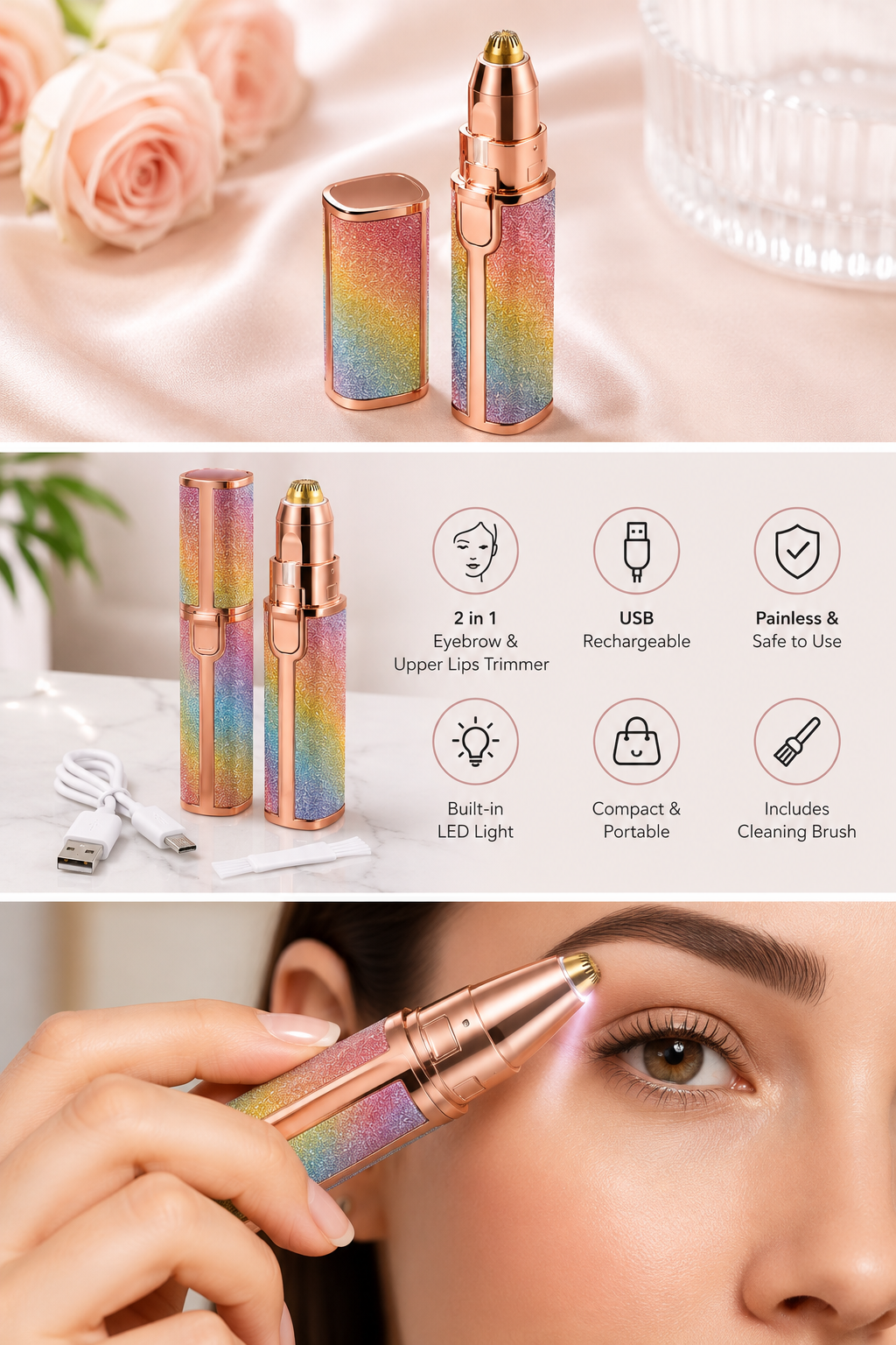 2-in-1 Flawless Eyebrow Trimmer | USB Rechargeable 2in1 Flawless Trimmer With Wire & Cleaning Brush | Eyebrow & Upper Lips Trimmer For Women